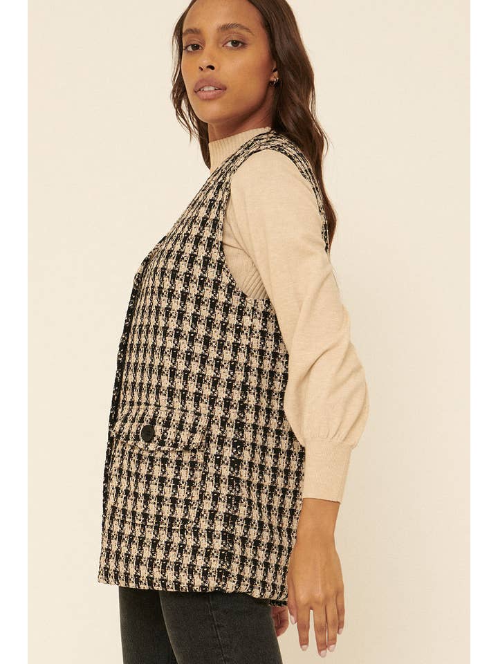 SAND BLACK Tweed Plaid V Neck Button Front Pocket Vest for wholesale on Faire