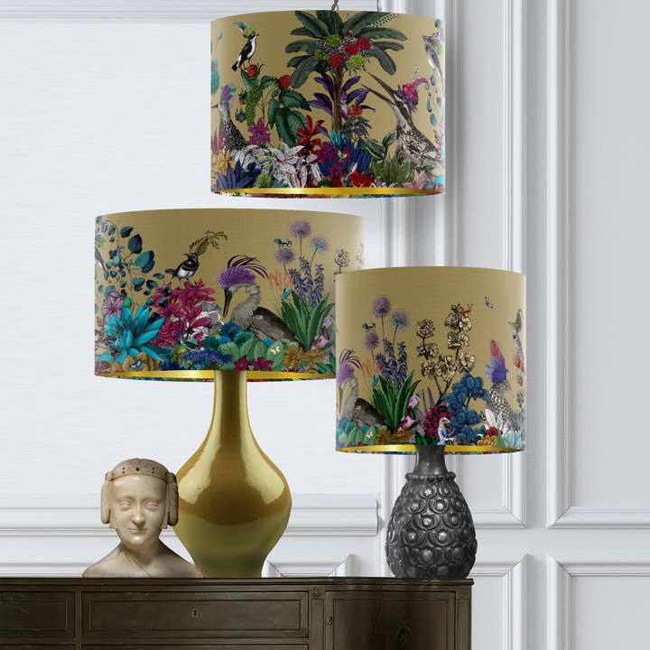 FabFunky Ltd – Großhandel Lampenschirme – Botanischer Lampenschirm Glorious Plumes Gold Designer 3er-Pack