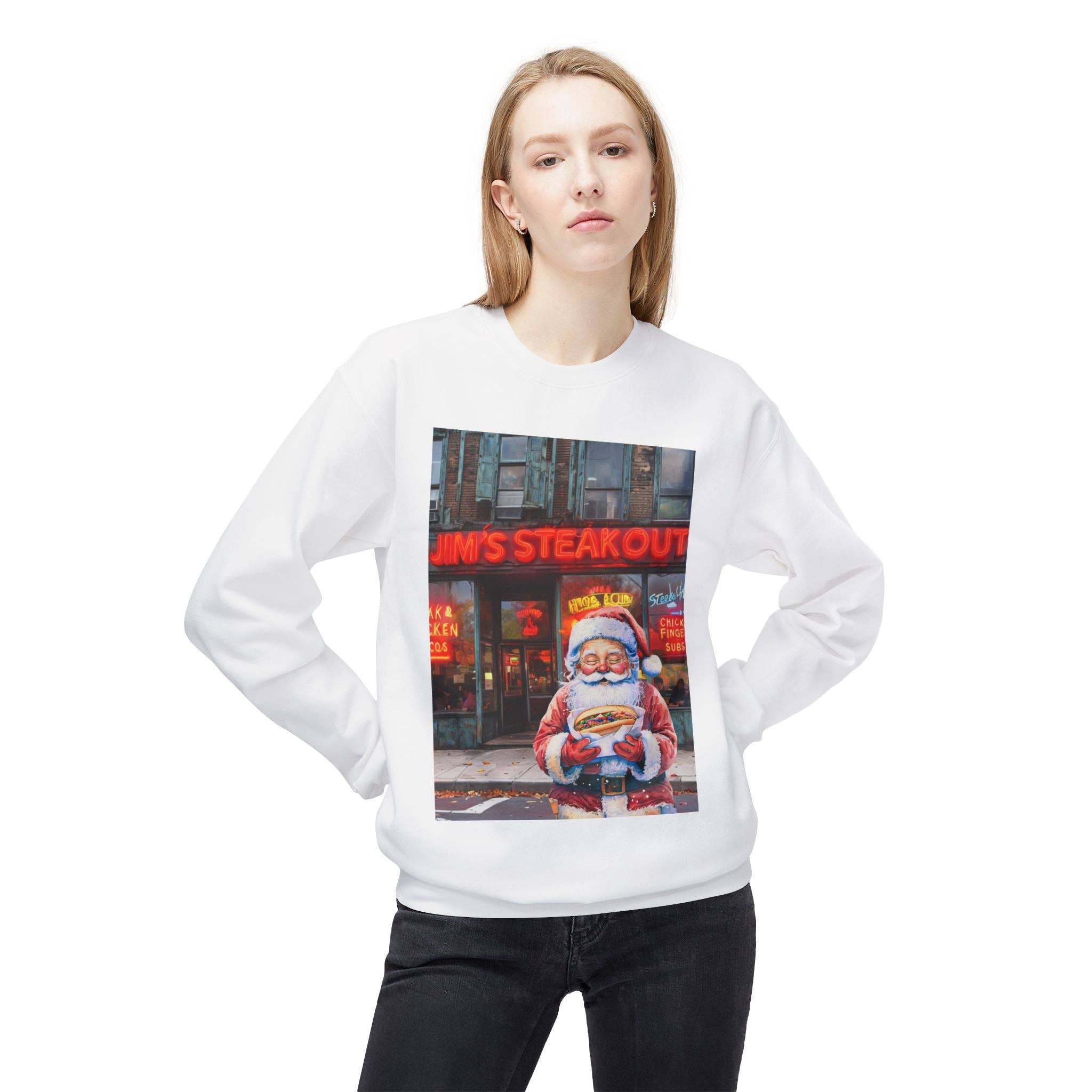 Buffalovely - Wholesale Graphic Sweatshirt - Unisex - Santa with a Hoagie at Jim's Steakout Unisex Cozy Crewneck Sweatshirt14