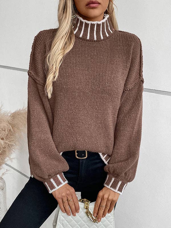 Sheer Trend – Großhandel Strickpullover – Damen – Langärmlige, lockere, kontrastfarbene, geteilte Pullover mit hohem Ausschnitt8