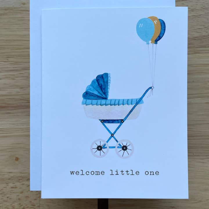 Kristin Schmidt Artist – Engroshandel Babykort – Velkommen Little One - Tan Pram - Akvarel lykønskningskort