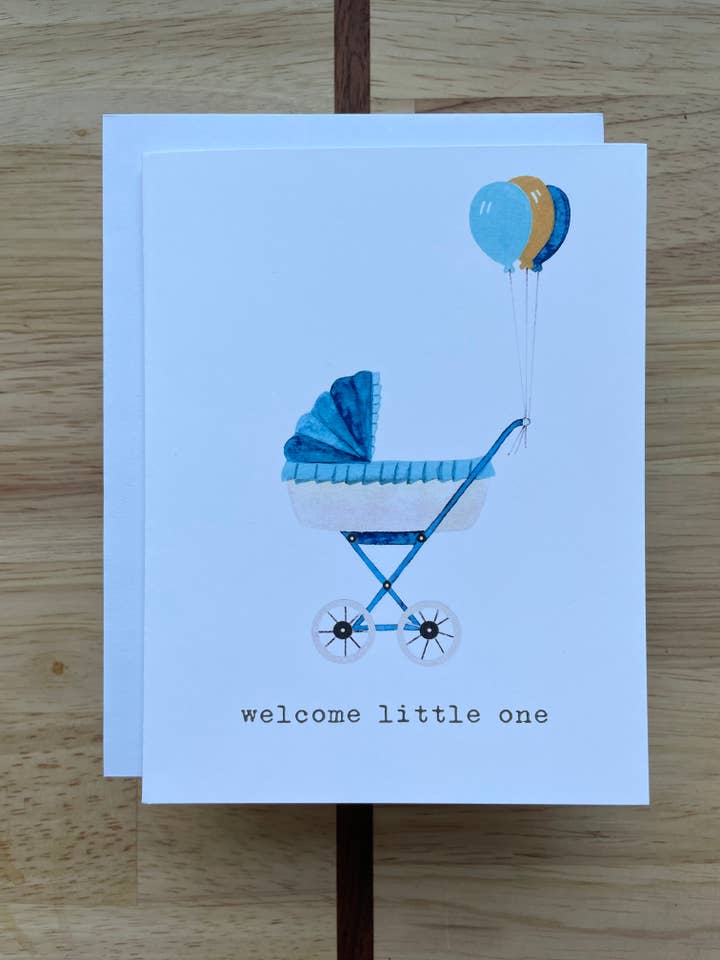 Welcome Little One - Tan Pram - Watercolor Greeting Card for wholesale by Kristin Schmidt Artist