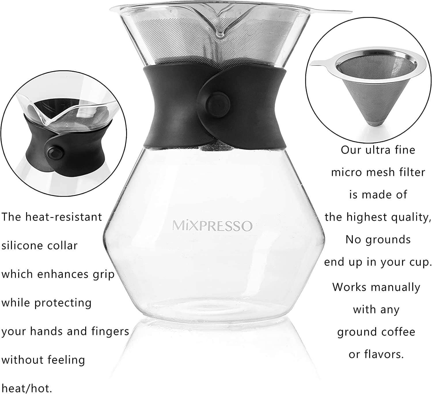 Mixpresso - Wholesale Pour Over & Dripper - Mixpresso Pour Over Coffee Maker Set Glass Carafe Borosilicate White Protective Silicone Sleeve, Pour Over Coffee Dripper Brewer With Double-layer Stainless Steel Filter 13.5 Oz1