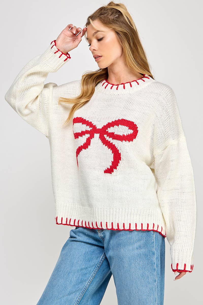 Sweet Generis – wholesale Knitted jumper – Women′s – PLUS HOLIDAY BIG BOW SWEATER PULLOVER WITH CONTRAST EDGE STI23