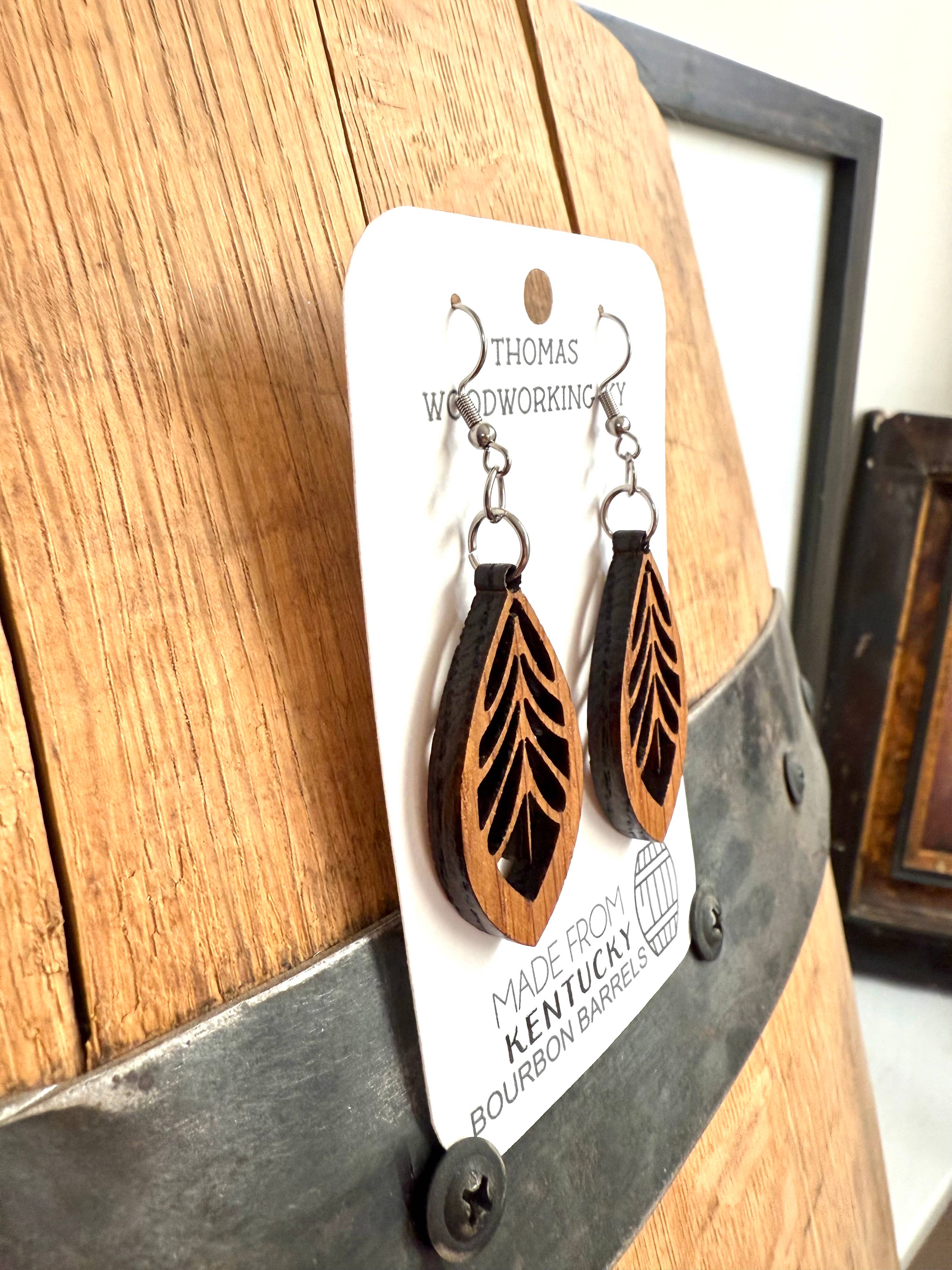 Brown Wood Bohemian Earrings made from bourbon whiskey barrels. for wholesale on Faire2