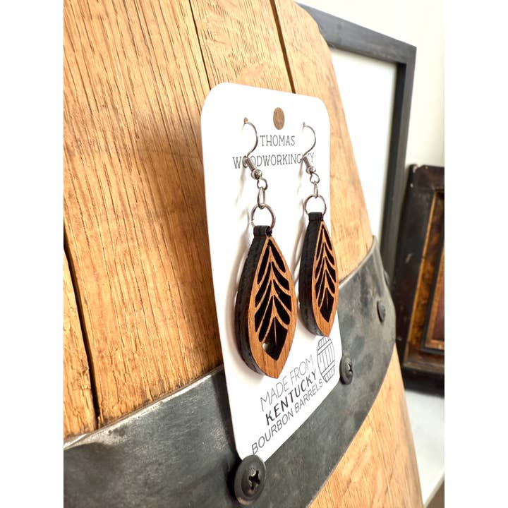 Brown Wood Bohemian Earrings made from bourbon whiskey barrels. for wholesale on Faire2