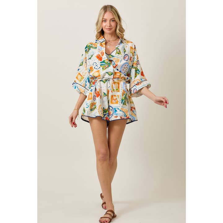 WHITE COMBO Summer Watercolor Print Romper & Bra Top Set for wholesale on Faire6