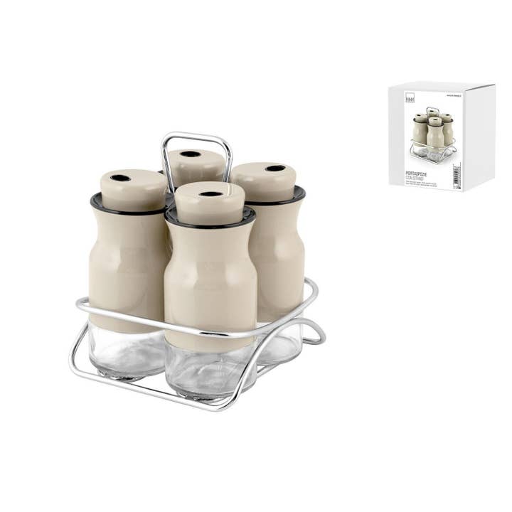 Krydderistativ med 4 glasbeholdere og stativ i rustfrit stål, taupe for engroshandel hos H&H