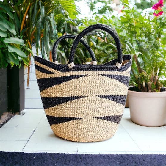 The African Home Goods - Wholesale Beach Bag - Large U-Shopper - Beach Tote Bag Ghana Basket Black & Tan1