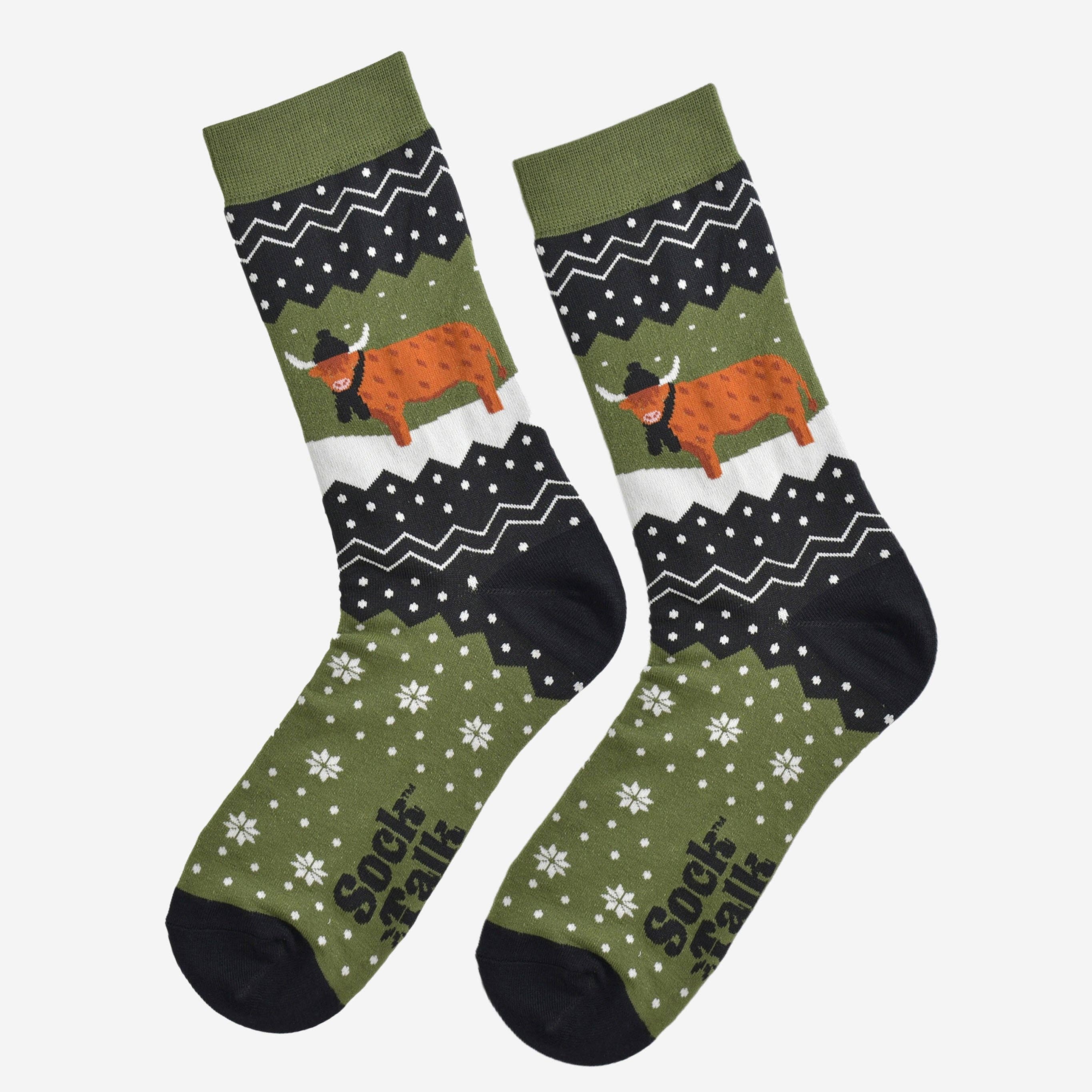 Sock Talk - Wholesale Socks - Men's - Men's Bamboo Socks - Green/Black, Winter Highland Cow2