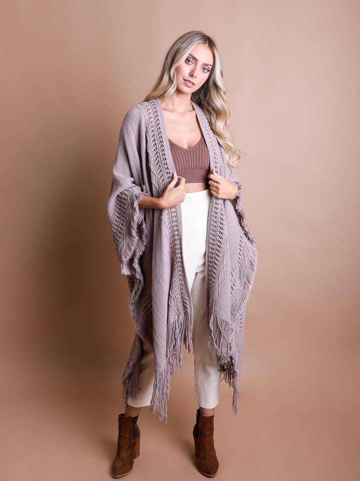 Leto Accessories - Wholesale Kimono - Women's - Open Work Frayed Border Bohemian Ruana - Fan Favorite!