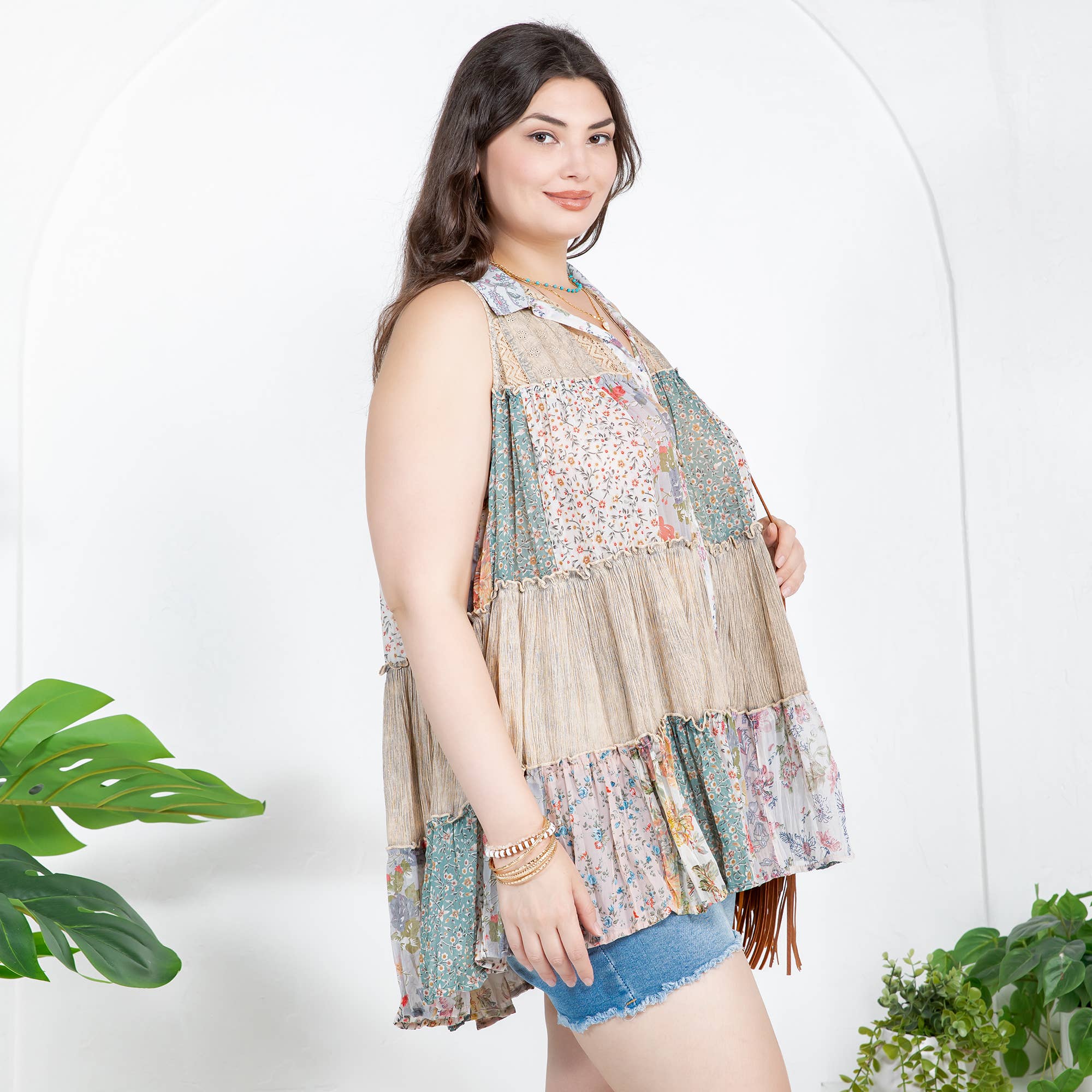 Young Threads - Wholesale Button Down Shirt - Women's - Boho Chic Nomad Patchwork Buttondown Top Sleevel (New Color)29