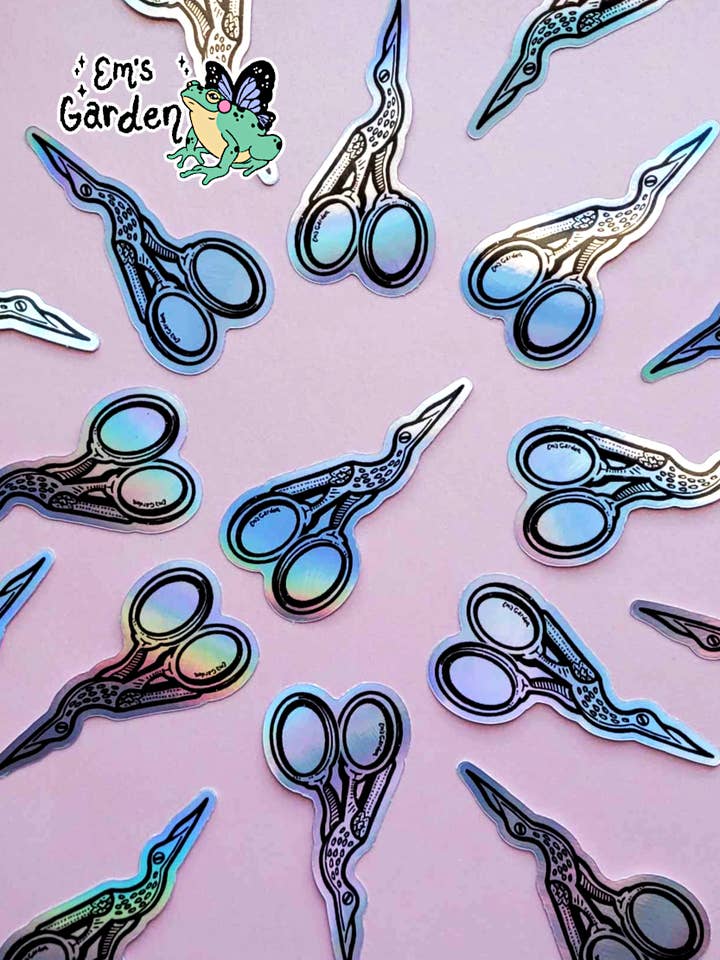 Ciseaux cigogne autocollant en vinyle holographique couture broderie pour la vente par Em's Garden