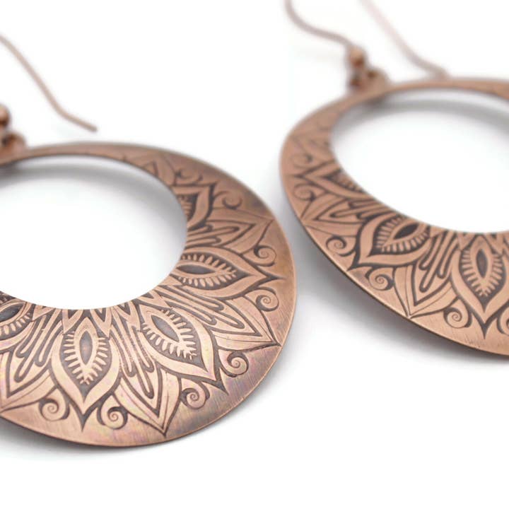 Pillar of Salt Studio - Wholesale Dangle Earrings - Copper Mandala Agogo Hoop Handmade Earrings4