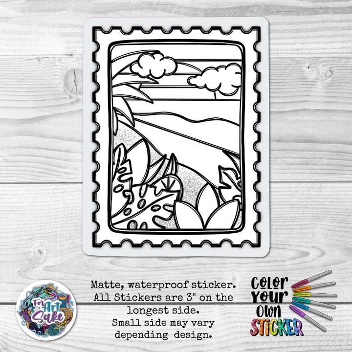 Beach Scene Stamp - Color Your Own Sticker for wholesale by For Art Sake Stickers