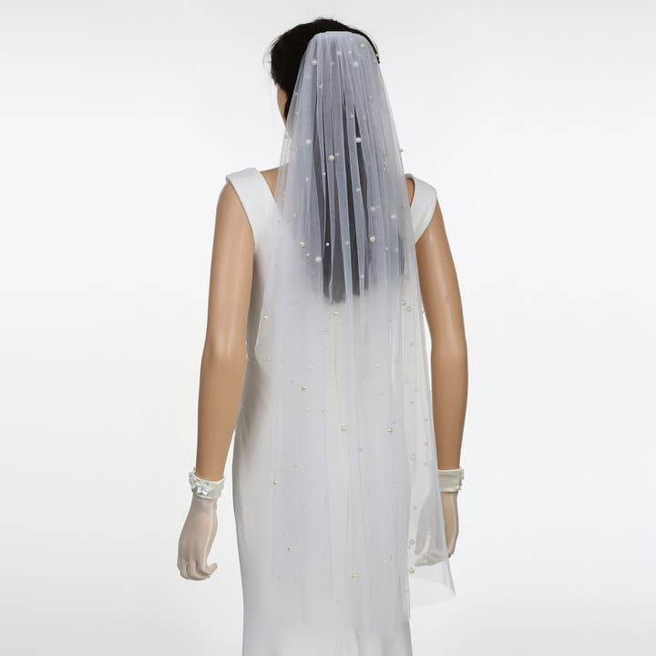 Farinosa Bridal - Wholesale Veil - Women's - FS6355 Scattered Pearls Bridal Wedding Veil 39" 118"
