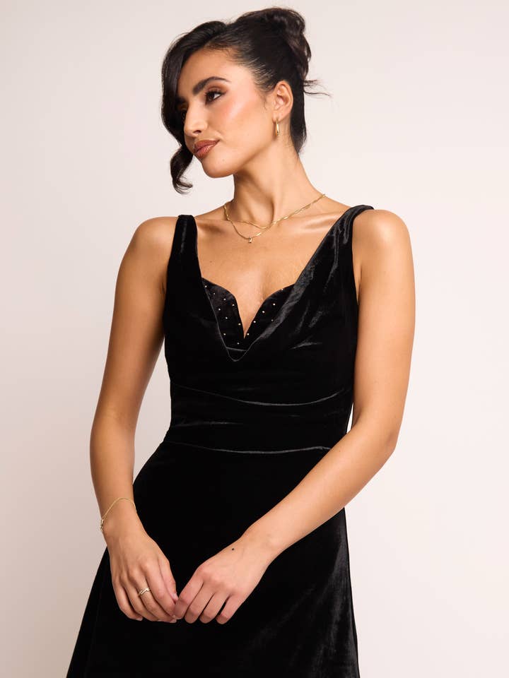 Kelsy Black Velvet Cowl A Line Mini Dress - Gold Stud Detail for wholesale by Jaded Rose