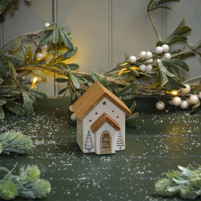 Langs - Wholesale Christmas Decoration - Love at Christmas Ceramic Led House With Cut Out Stars and Elements of Wood1