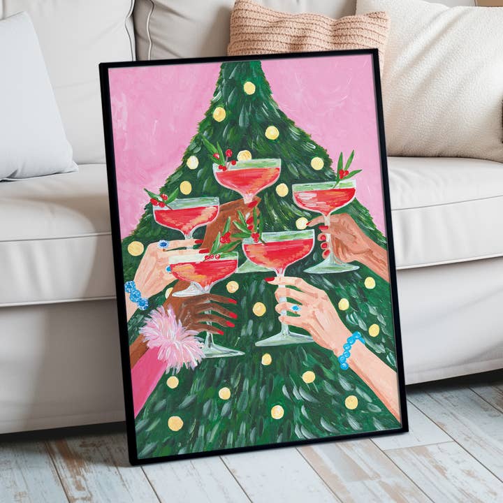 Cheers by the Tree” Christmas Art Print for wholesale by Violets Print House