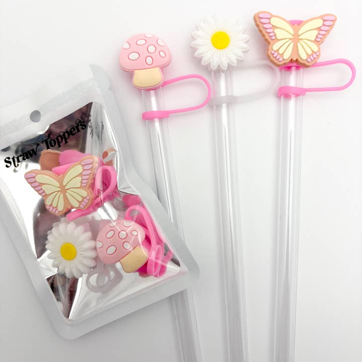 Vroom Blooms - Wholesale Drinking Straw - Straw Topper 3 pack - Pink Mushroom, Daisy, ButterflyÂ