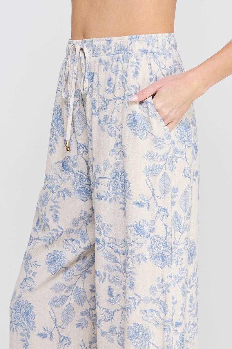 Fleur Bleue Pantalon large imprimé en lin doux avec ceinture élastique à nouer en vente sur Faire3