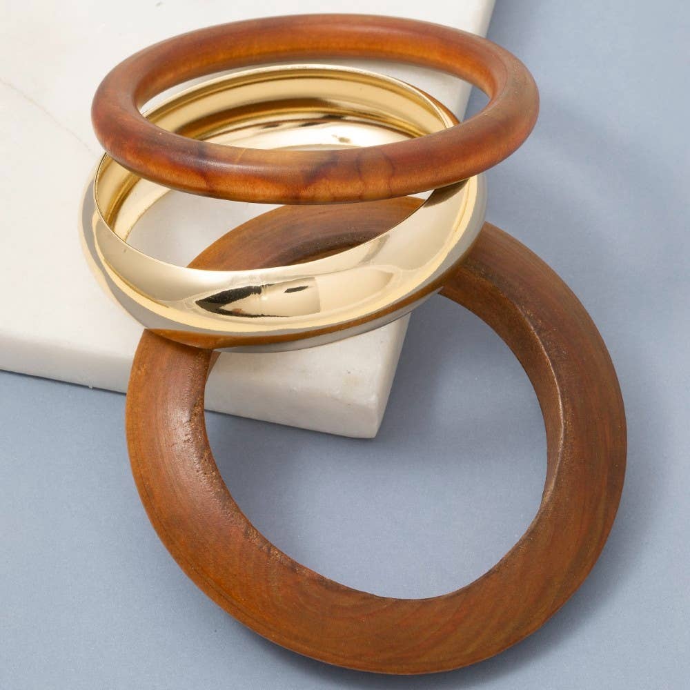 BR 3 Piece Wood And Metallic Bangle Bracelet Set for wholesale on Faire0