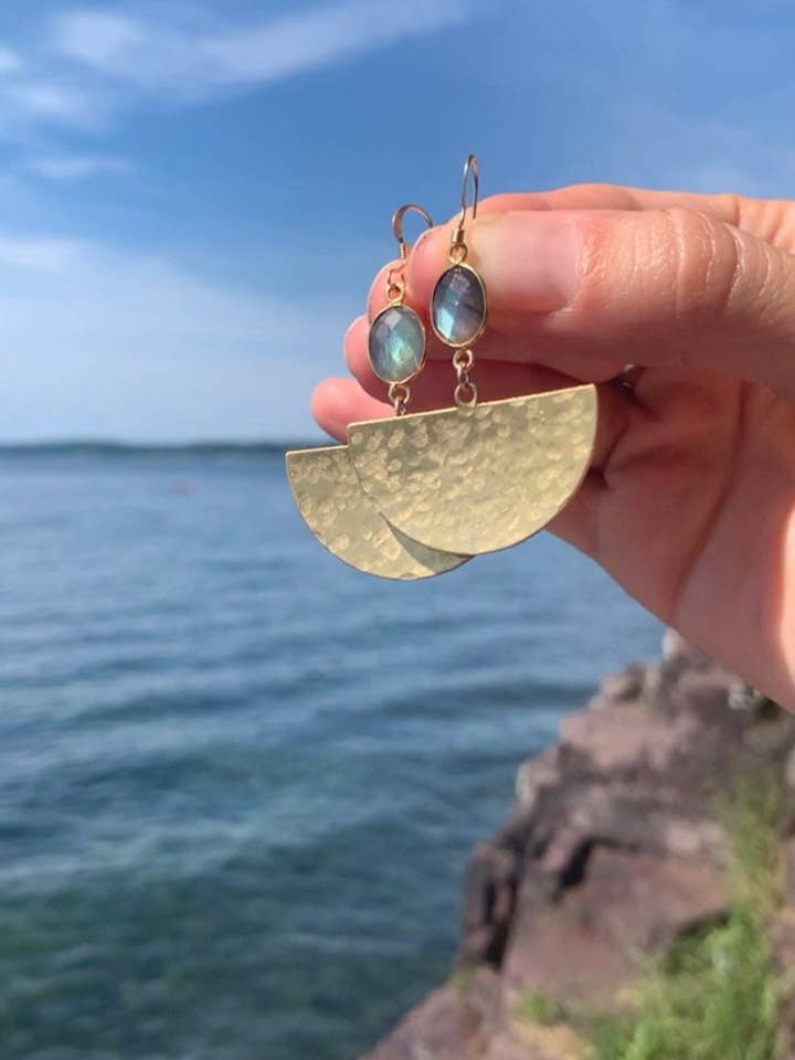 Brass Labradorite Semicircle Boho Earrings for wholesale by Georgia Marie Designs