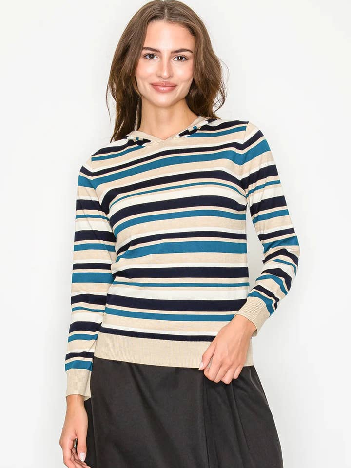 Camisola com Capuz às Riscas Azuis e Bege por atacado de Yal New York