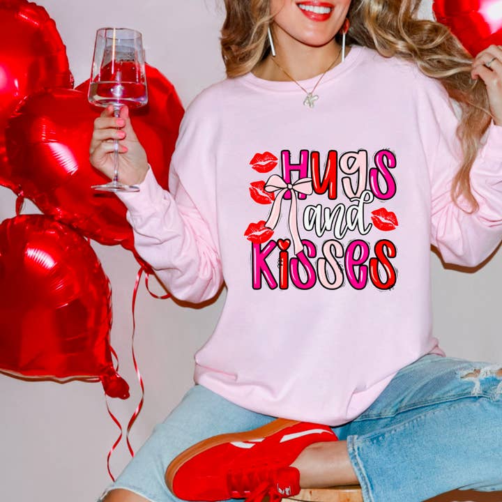 Hugs & Kisses Coquette Long Sleeve Tee Valentine’s Day for wholesale by Gia Gifts Boutique