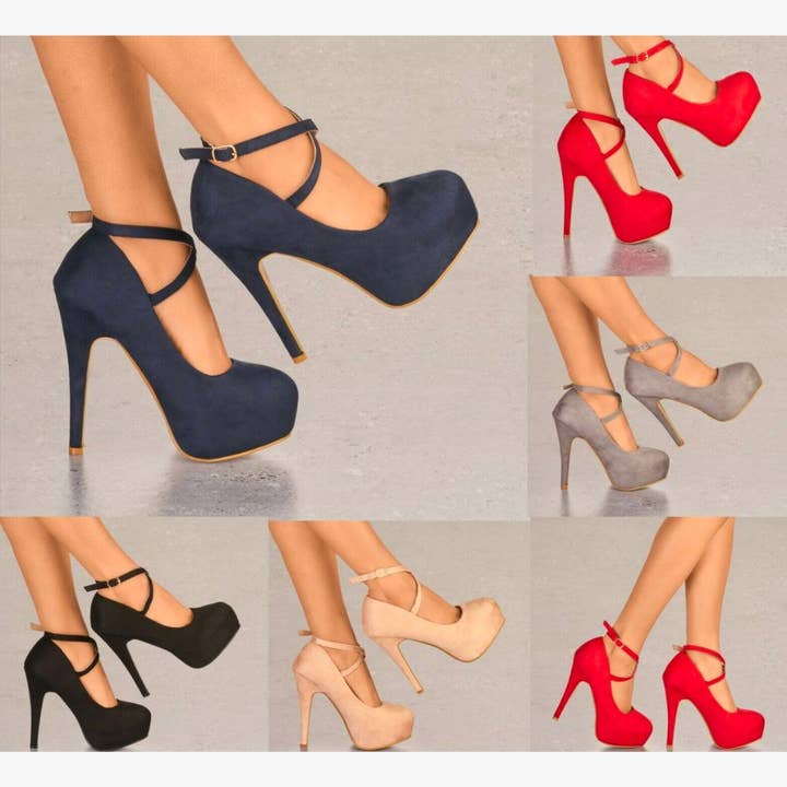 LADIES SUEDE PLATFORM HIGH HEELS CROSS STRAP STRAPPY EVENING PARTY SHOES for wholesale by ShoeBox Botique