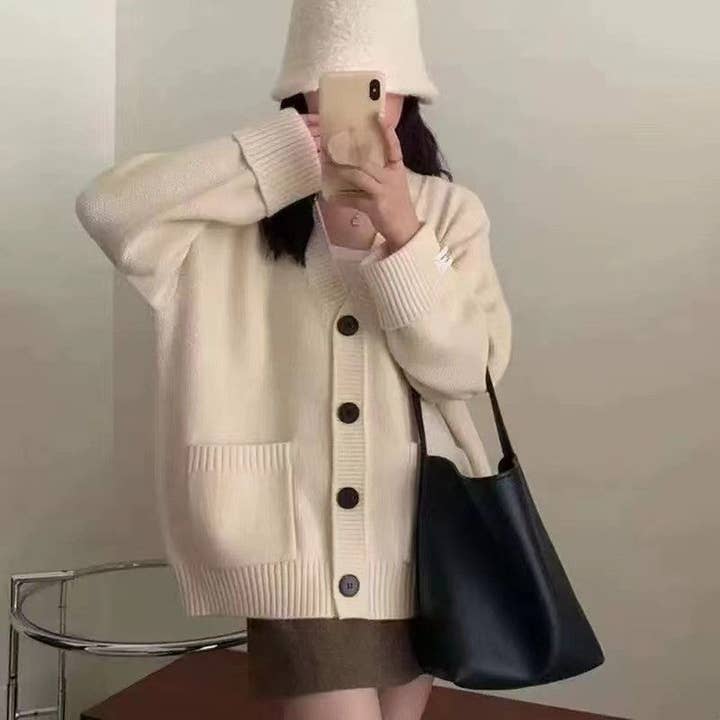 UZ Wholesale Store - Wholesale Cardigan - Women's - Vintage Loose Fit Rolled Sleeve Patch Pocket Cardigan Sweater