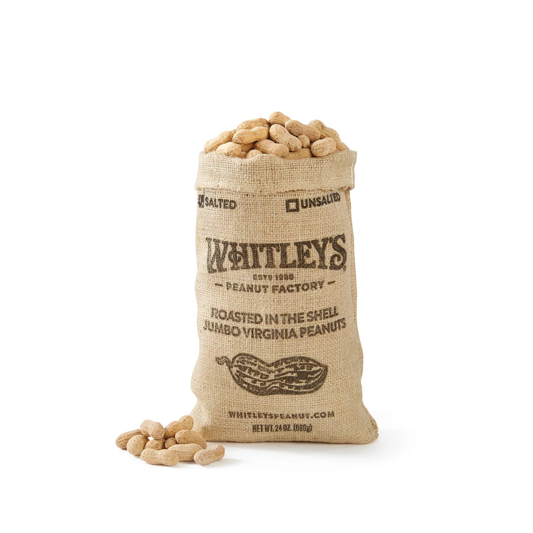 Whitley's Peanut Factory - Wholesale Nuts - 12 oz. Burlap Bag Salted Roasted-n-Shell Peanuts
