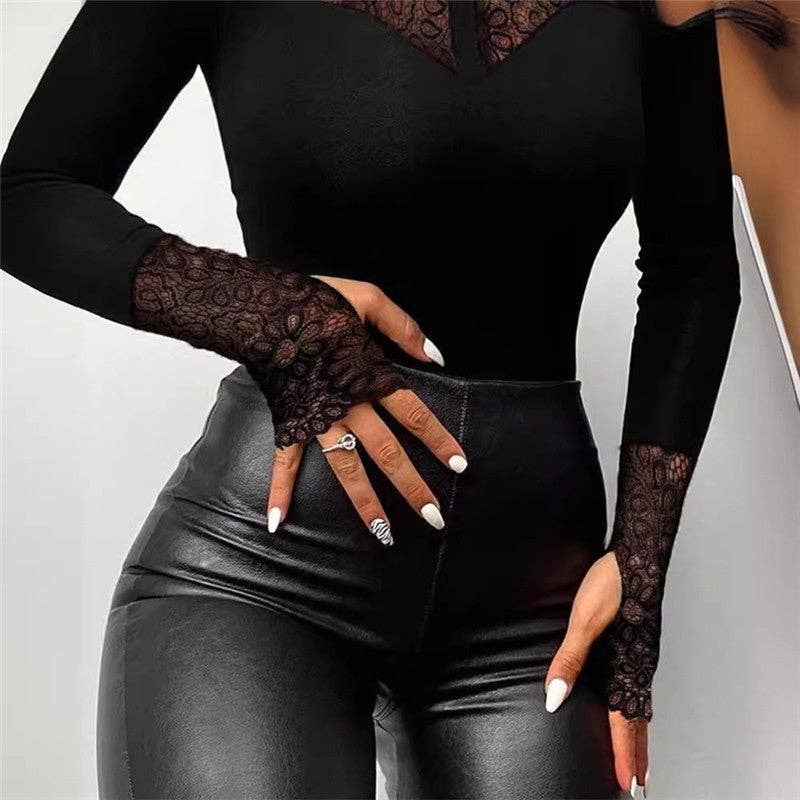 SORT Lace Patchwork Langærmet Bodycon Off-Shoulder Jumpsuit for engroshandel på Faire2