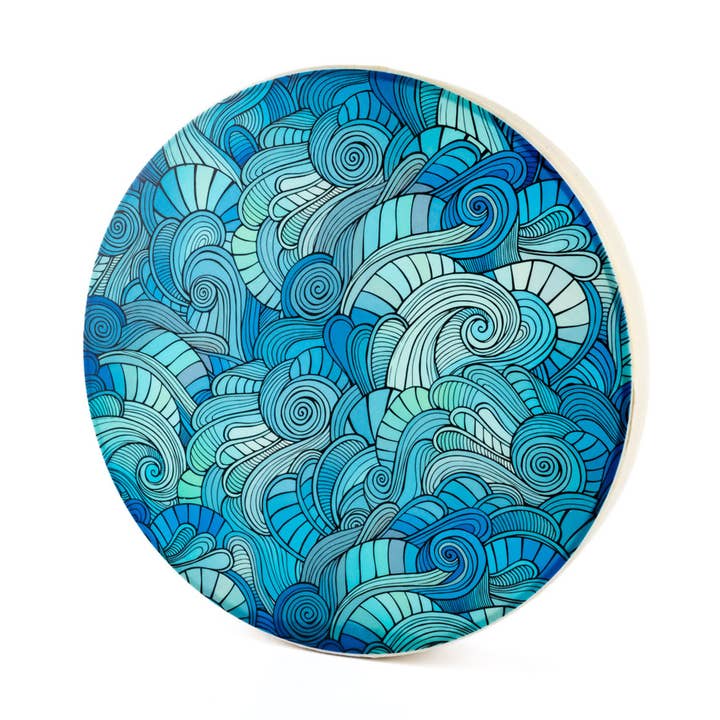 16" Blue and Green Rhythmic Swirl White Remo Ocean Drum for wholesale by HK Higher Knowing