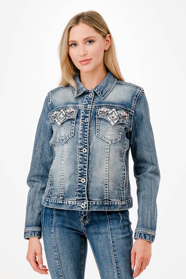 Grace in LA - Wholesale Denim Jacket - Women's - Floral Embroidery Detail Denim Jacket  | TE-619451