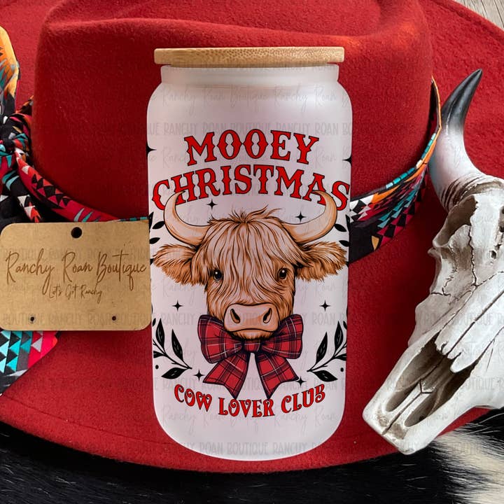 Mooey Christmas Ko-elsker Klub 16oz Frostet Glas Tumbler for engroshandel hos Ranchy Roan Boutique