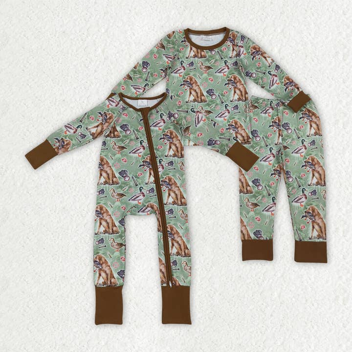 Ensembles de pyjamas pour bébés garçons frères chasse aux canards chiens verts pour la vente par Aier Wholesale