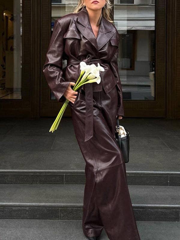 Long Sleeves Split-Joint Tied Waist Lapel Jacket Outerwear + Straight Pants Two Pieces Set for wholesale by StyleGalX