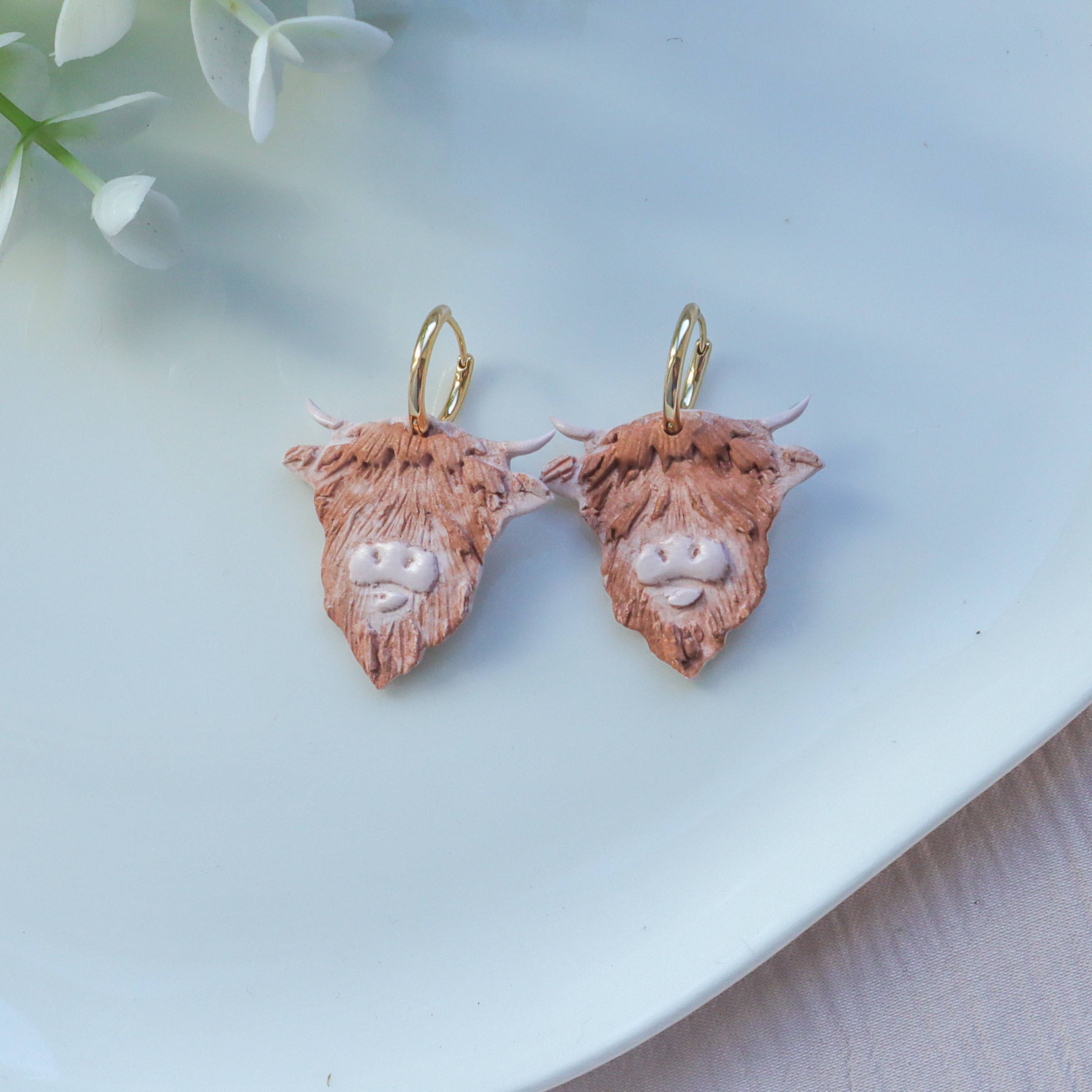 K's Craft House - Wholesale Hoop Earrings - Highland Cow Clay Hoop Earrings – Gold-Plated Huggie0