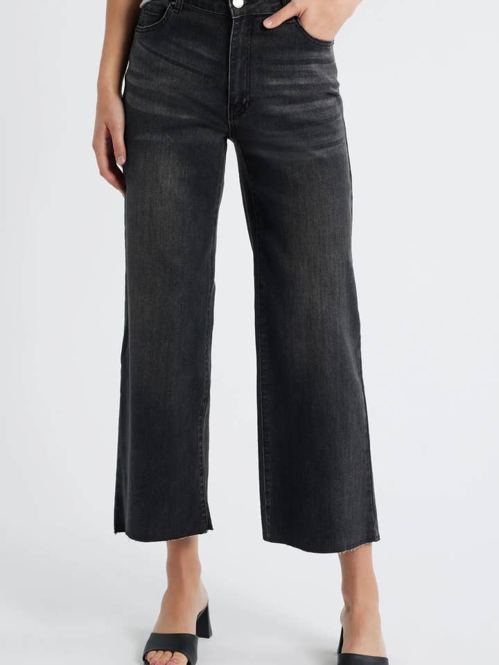 Wide Leg Crop With Raw Edge Hem - BLACK for wholesale by APNY