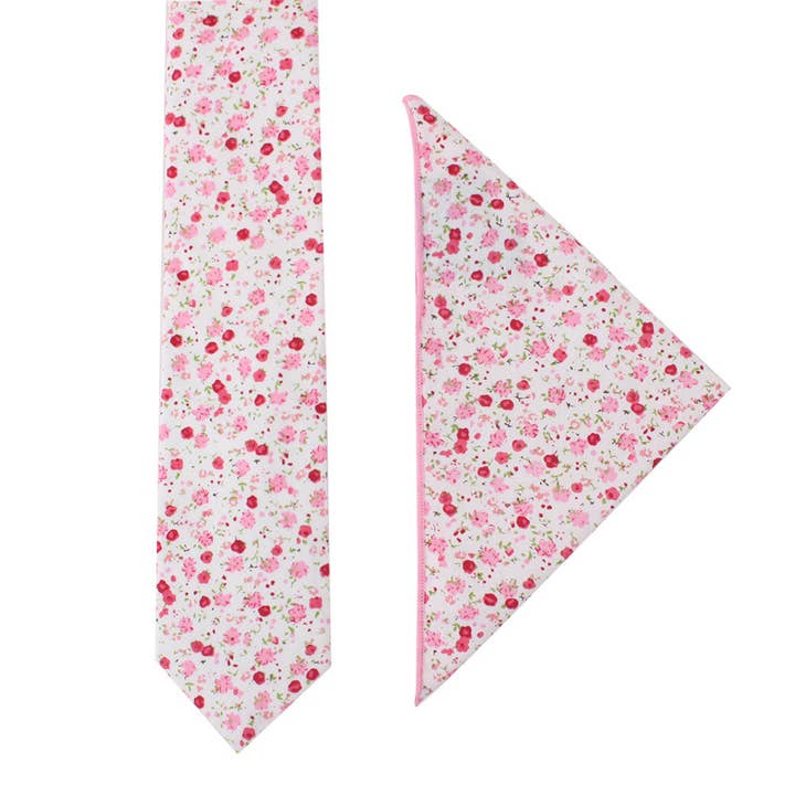Pink Azalea Floral Cotton Tie & Pocket Square Set for wholesale by AusCufflinks