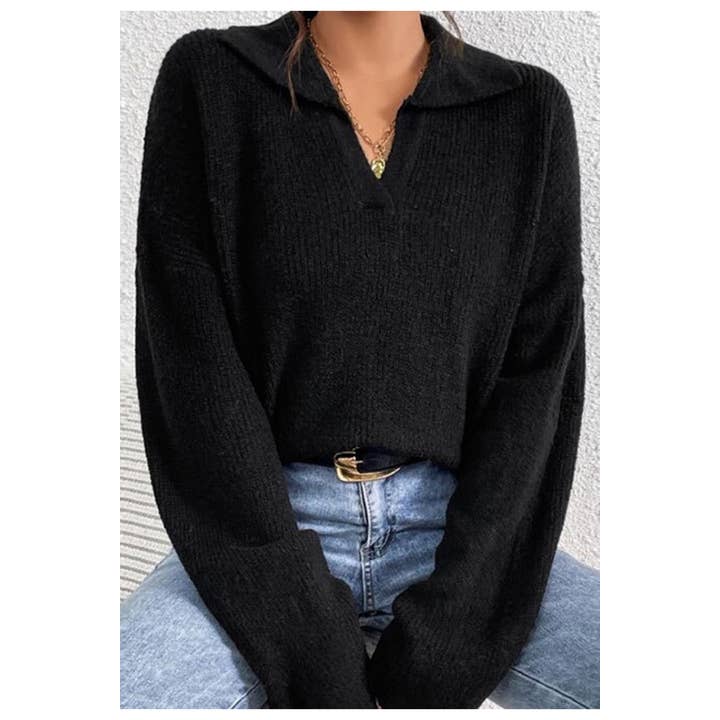 LONG-SLEEVED LAPEL PULLOVER SOLID COLOR SWEATER for wholesale by Lily Clothing