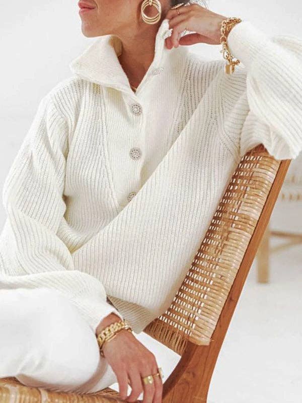 WHITE Long Sleeves Buttoned Solid Color High-Neck Sweater for wholesale on Faire