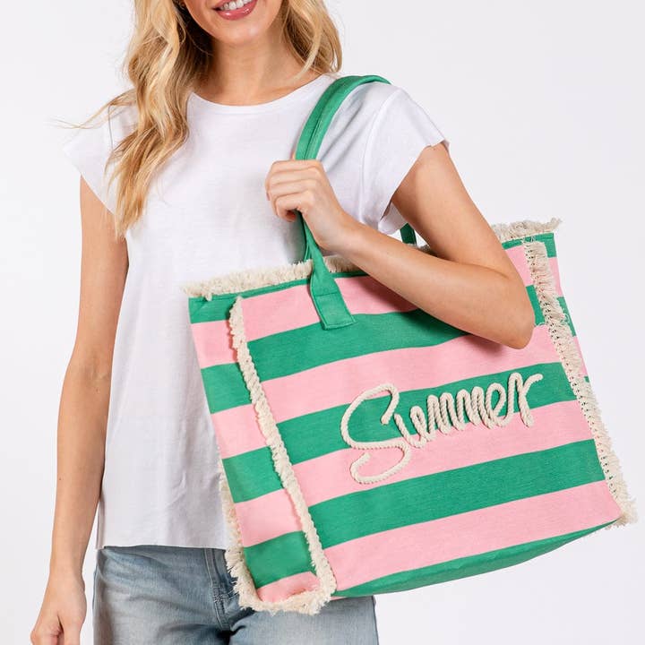MiMi Wholesale - Wholesale Tote Bag - Women's - MB0267 Sewn Tope Summer Letter Fringe Striped Tote Bag