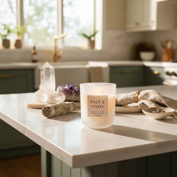 Salt & Stone - Oakmoss 10oz Raw Crystal Glass Candle for wholesale by FEBE Candles