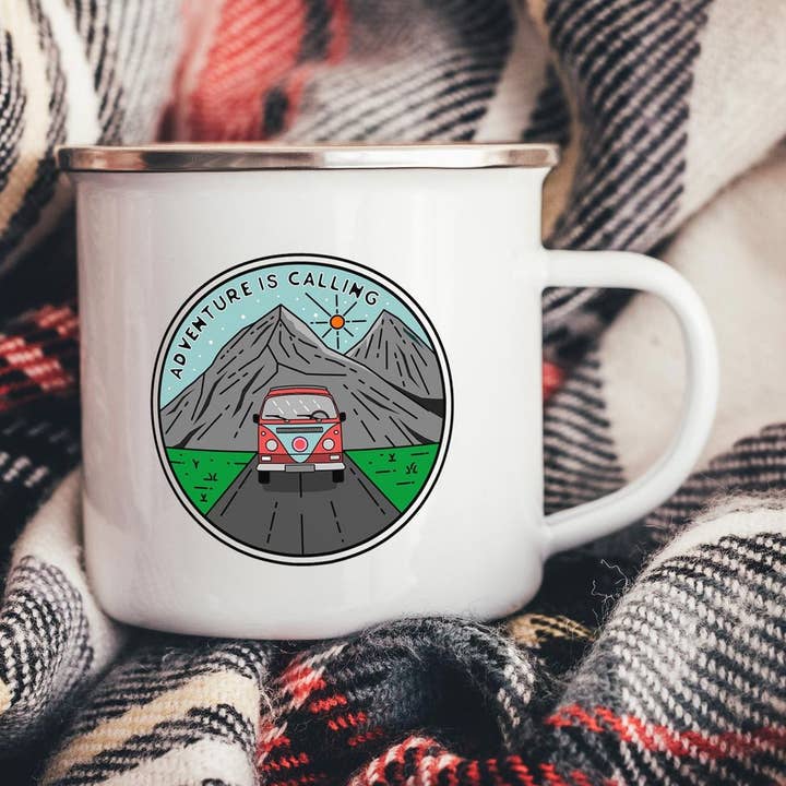 Adventure Is Calling Enamel Camping Mug for wholesale by EllieBeanPrints