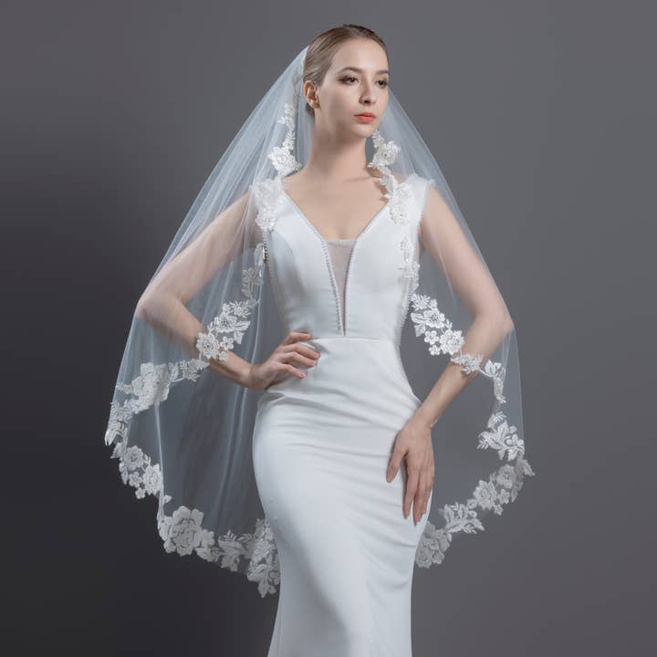 Farinosa Bridal - Venta al por mayor Velo - Mujer - Velo de novia de encaje bordado con enredadera floral FS6221 42"1