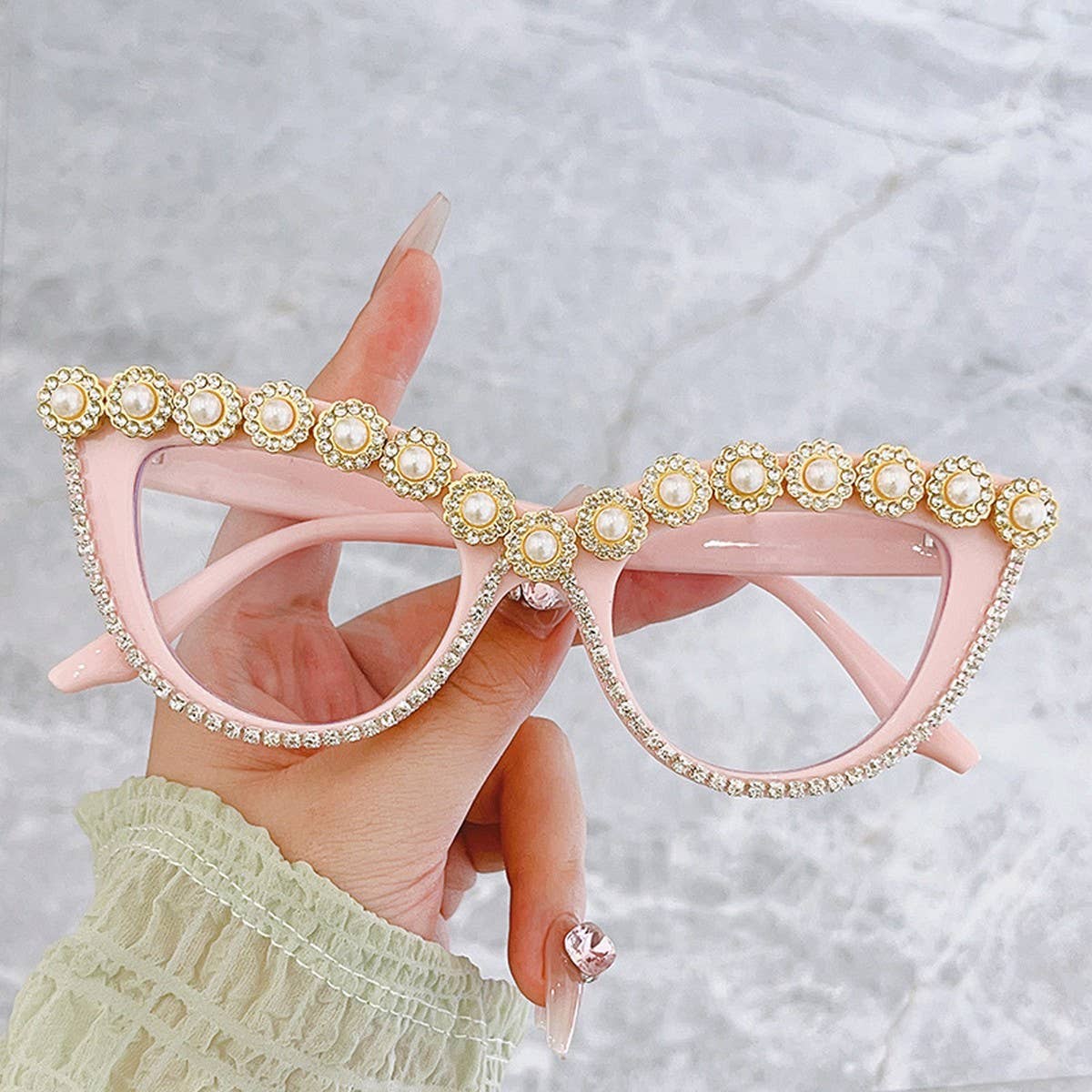 ACCITY - Wholesale Sunglasses - Women's - HANDMADE RHINESTONE PEARL RETRO CAT-EYE SUNGLASSES_CWASG02686