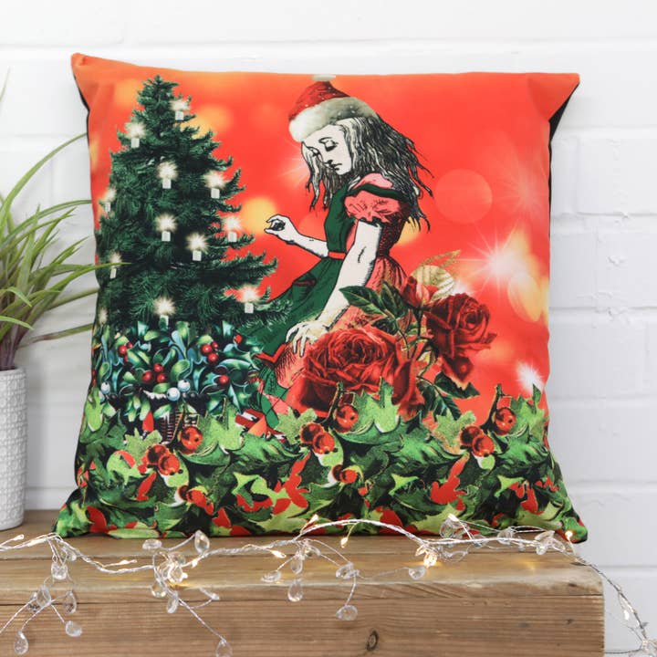 Alice in Wonderland Christmas Velvet Cushion for wholesale by Kitsch Republic