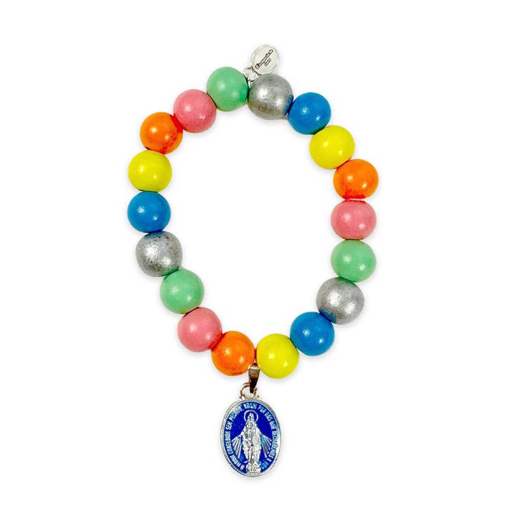Bracelete de madeira Madonna Candy feita de contas de madeira 12mm por atacado de Escapulario